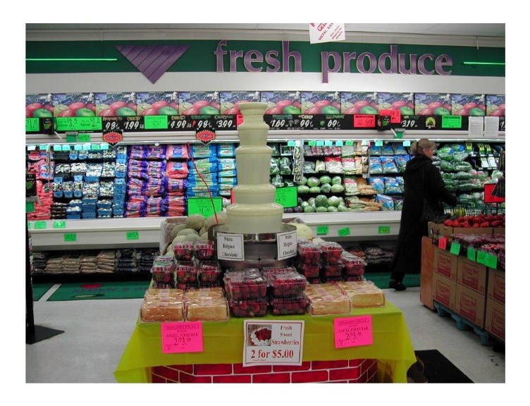 chocolate fountain at super market, grocery stores, food chain, chocolate fountains produce promo events